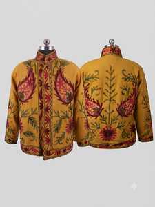 Veste en velours 100% coton, style bohème vintage pour femmes, brodée à la main, couleur verte Mahendi, motif floral Suzani - Product Image 5