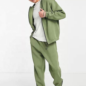 Ensemble de survêtement unisexe vert olive, manches longues, fermeture éclair, couleur unie, vêtements décontractés avec poches latérales, style automne - Product Image 3