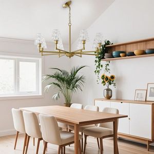 Metà del secolo 8-luce lampadario pendente in oro moderno impianto colonico per soggiorno o camera da letto in vetro e metallo Design - Product Image 5