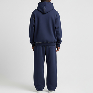 Ensemble de survêtement oversize unisexe en molleton épais avec sweat à capuche zippé et pantalon de survêtement à jambe large, surpiqûres contrastées, style streetwear - Product Image 5