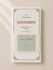 Essuie-tout de cuisine Santorini blanc imprimé |   Serviette de cuisine décorative Île grecque |   Serviette de cuisine à bords festonnés - Product Image 4