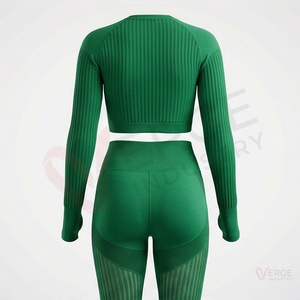 <b>Women</b> <b>Green</b> Seamless Ribbed Yoga 2 Piece Set Long Sleeve Crop Top High Waist <b>Leggings</b> Thumbholes - Product Image 2