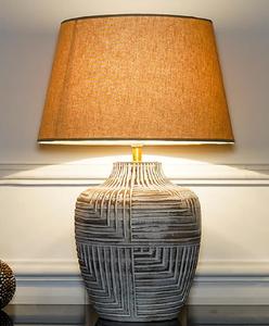 Ceramic <b>Table</b> <b>Lamp</b> with Geometric Pattern Beige Shade Round <b>Base</b> for Home Decoration - Product Image 4