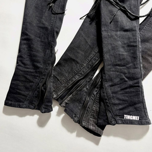 Jeans Homme Y2K Streetwear Personnalisé en Cuir Noir Tissé, Ciré, Délavé, Coupe Bootcut, à Rivets, Séchage Rapide et Respirant, Automne Hiver Été - Product Image 4