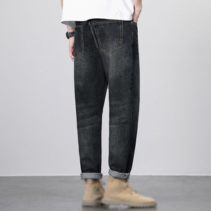 Jean pour homme taille mi-haute, denim délavé vintage, avec boutons décoratifs, couleur unie, coupe droite, effet adouci pour tous - Product Image 2