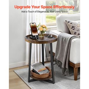 Tavolino Moderno Rotondo a 2 Livelli con Porta USB e Presa di Ricarica AC, Ripiani Aperti, Comodino per Soggiorno - Product Image 2