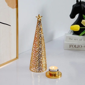 Golden Finish Cone Christmas <b>Tree</b> Candle Holders Hollow Metal Design With <b>Star</b> Topper <b>For</b> Holiday Table Decor & Winter Gifting - Product Image 2