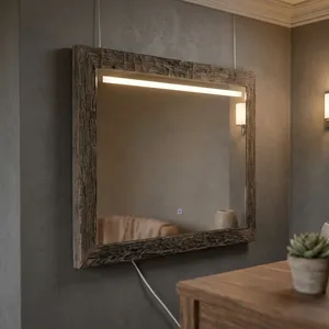 Miroir mural en chêne rustique avec cadre en bois éclairé, rectangulaire, pour salle de bain, chambre, couloir, décoration intérieure - Product Image 5