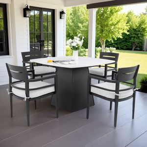 Set da Pranzo da Esterno a 5 Pezzi con Tavolo Quadrato in Pietra Sinterizzata da 44 Pollici con Base Allargata e 4 Poltrone con Cuscini Sunbrella - Product Image 1