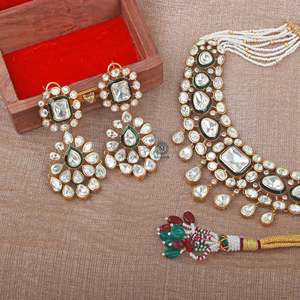 Shikha Gold Plated Moissanite Designer Bridal Necklace and Earring Set - Product Image 2