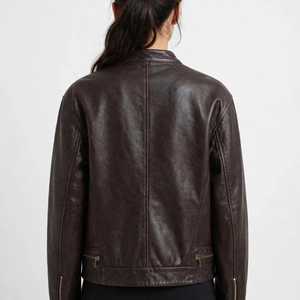<b>Women's</b> <b>Brown</b> Genuine <b>Leather</b> Eco-Friendly Winter Moto <b>Jacket</b> Turn-down Collar Single Button Closure Long Sleeve Short - Product Image 3