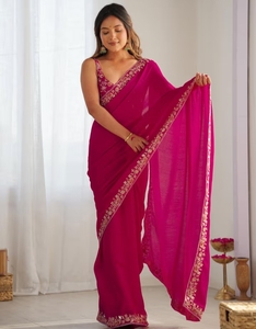Sari traditionnel en soie rose orné pour femme KV, avec chemisier non cousu, réversible et infroissable, idéal pour les occasions de fête d'automne - Product Image 3