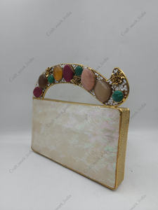 Handcrafted Mother of Pearl Clutch with Floral Gold Handle Crystal Embellished Luxury Evening Bridal Statement Bag <b>Handbag</b> - Product Image 2