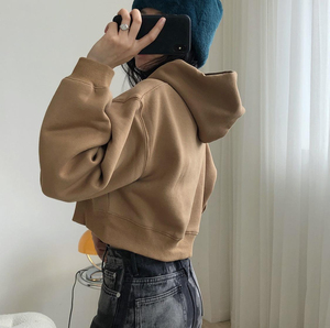 เสื้อฮู้ดครอปท็อปผู้หญิงผ้าฟลีซ 345GSM สไตล์เรโทร ถักจากผ้าฝ้ายผสมโพลีเอสเตอร์  โลโก้ด้านหน้า ทรงหลวม ใส่สบายสำหรับฤดูใบไม้ร่วง - Product Image 6