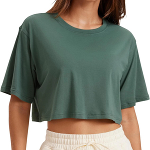 Premium Women's Spring Eco-Friendly O-Neck Crop <b>Tops</b> with Polyester/Cotton Canvas Stretch Breathable Soft Fabric Solid Pattern - Product Image 6