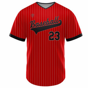 Camiseta de Béisbol Personalizada con Rayas Rojas, Unisex, Cuello en V, Manga Corta, 100% Poliéster, Transpirable, Impresión Sublimada, 180g, Verano, Número 23 - Product Image 1