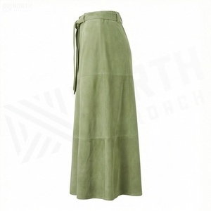 Jupe mi-mollet en cuir PU pour femme, vert uni, taille élastique, boutons sur le devant, style minimaliste - Product Image 3