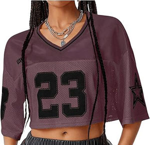 Camiseta de fútbol americano barata al por mayor para mujer, personalizada, de malla holgada, con hombros caídos, cuello en V, manga corta, 100% poliéster - Product Image 6