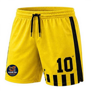 Yellow <b>Soccer</b> Shorts with Number 10 and Black Stripes Sublimated Print Drawstring Waist Moisture Wicking Polyester - Product Image 1