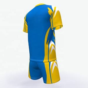 Ensemble de tenue de sport bleu et jaune personnalisé imprimé par sublimation pour adultes, été, séchage rapide, unisexe, short et t-shirt - Product Image 4