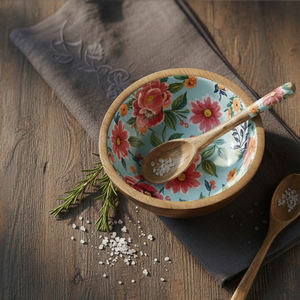 Juego de Cuchara y Tazón para Servir de Madera Hechos a Mano con Mosaico de Margaritas, Decoración Floral Moderna para Cocina, Ecológico, Embalaje sin Plástico - Product Image 1