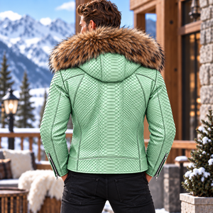 <b>Men's</b> Stylish Python Leather Jacket with Fox Fur Hood Motorcycle Biker Fashion <b>Coat</b> | Herren Lederjacke | Chaqueta Hombre Cuero - Product Image 6