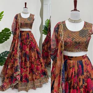 Elegante Lehenga Choli Semisellado de Georgette Sintético con Intrincados Detalles de Hilo y Bordado para Novias y Damas de Honor de la India - Product Image 3