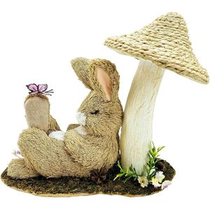 Decorazione Pasquale con Coniglio in Sisal Naturale da 8,9 Pollici, Addormentato Sotto un Fungo, Centrotavola Decorativo a Tema Fattoria - Product Image 1