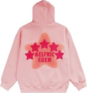 Aelfric Eden Pink Oversized Hooded <b>Sweatshirt</b> Flock Print Star Logo Unisex Regular Fit Autumn Streetwear - Product Image 3