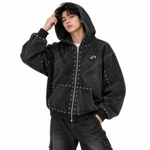 Luxury Wholesale Trendy <b>Black</b> Studded Hooded <b>Fleece</b> Jacket Set for <b>Men</b> Custom Streetwear Cargo Co-Ord Rhinestone Pocket Hoodies - Product Image 3