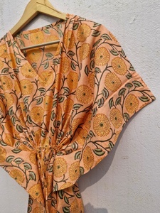 Women Orange Floral <b>Kaftan</b> Summer Dress Cotton Boho <b>Maxi</b> Midi Beach Dress Loose Fit Resort Wear Holiday Casual Dress - Product Image 4