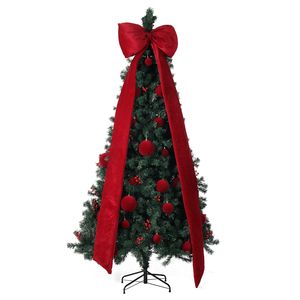 Albero di Natale Artificiale Grande 2,3 m Fai-da-te con 300 Luci LED Bianche Calde, Albero di Pino Pieghevole con Gigantesca Fiocco e Palline Rosse - Product Image 1