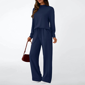 Ensemble de survêtement personnalisé pour femme, bleu marine, col rond, haut à manches longues, pantalon large, ensemble deux pièces, vêtements de détente, vente en gros OEM - Product Image 3