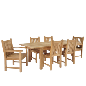 Cette table à manger 7 pièces est composée d'une table rectangulaire et de chaises à dossier à lattes en teck massif. - Product Image 1