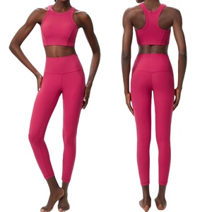 Ensemble de yoga respirant sans couture WAREBALL 2 pièces pour femmes avec logo frontal, soutien-gorge de sport taille haute et leggings longs, sublimation - Product Image 1