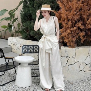 Custom Made Lightweight <b>Linen</b> Blend Solid Casual Eco-Friendly Breathable V Neck Women Two Piece Outfit <b>Set</b> - Product Image 5