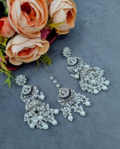 Royal Cubic Zirconia Choker Necklace Set with Mang tika & Earrings Rhodium Plated Jewellery Set Wedding Reception Wear Jewellery - Product Image 3