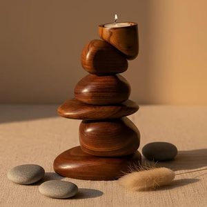 Handcrafted Wooden Pebble <b>Tealight</b> Candle Holder Modern Zen Decorative Candle Stand Home Decor - Product Image 3