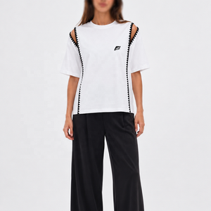 Women's Cold Shoulder Contrast Trim <b>T</b> <b>Shirt</b> Short Sleeve Round Neck Relaxed Fit Casual Fashion Top Custom Logo women's <b>shirt</b> - Product Image 4