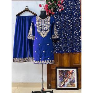 Designer Blue Polyester Free-Size Salwar Kameez <b>Top</b> Bottom and Dupatta for <b>Indian</b>/Pakistani Party Wear - Product Image 1