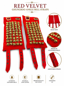 5 Line Brass Ghungroo Anklets with Red Velvet Strap for Classical Dance (Pair) - Product Image 2