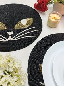 Round Beaded Embroidery Placemat Artistic Handmade Table <b>Mat</b> <b>Cat</b> Face Design for Wedding Home Dining - Product Image 5