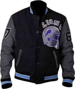 Blouson universitaire noir et crème pour homme avec patch casque de lion imprimé par transfert thermique, col rabattable, simple boutonnage, pour l'automne - Product Image 5