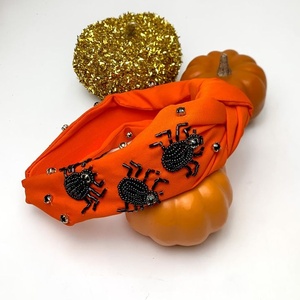 Nouveau serre-tête rose avec perles citrouille orange, fait main, pour Halloween, orné de nœuds et de cristaux brodés, accessoire de cheveux pour femme - Product Image 5