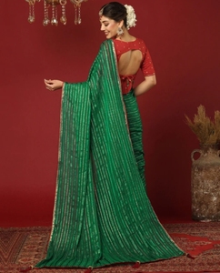 Sari de Georgette Bollywood para Mujer KV, Tejido, Adornado, Reversible, Sin Arrugas, para Otoño (Verde) - Product Image 5