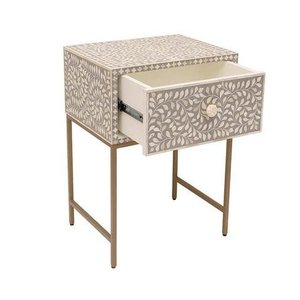 Mesita de noche con incrustaciones de hueso únicas, almacenamiento con patrón Floral, mesita de noche, consola con incrustaciones de hueso, pieza artesanal Tradebyd - Product Image 1