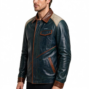 Amkoor Men's Genuine Leather Motorcycle <b>Jacket</b> <b>Slim</b> <b>Fit</b> Turn-Down Collar Zipper Closure Solid Color Autumn Biker <b>Jacket</b> - Product Image 1