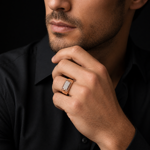 <b>Mens</b> 18KT rose Gold Rectangular Micro Pave Cubic Zirconia Signet <b>Ring</b> Openwork Side Design Textured Statement Wedding Party - Product Image 5