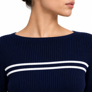 Haut en maille côtelée bleu marine rayé pour femme, coupe courte, col bateau, manches longues, boutons latéraux, ajusté, décontracté et tendance - Product Image 2