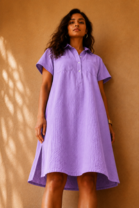 Vestido camisero midi de algodón seersucker para mujer, estilo bohemio con cuello, informal, con bolsillos, para primavera/verano. - Product Image 2